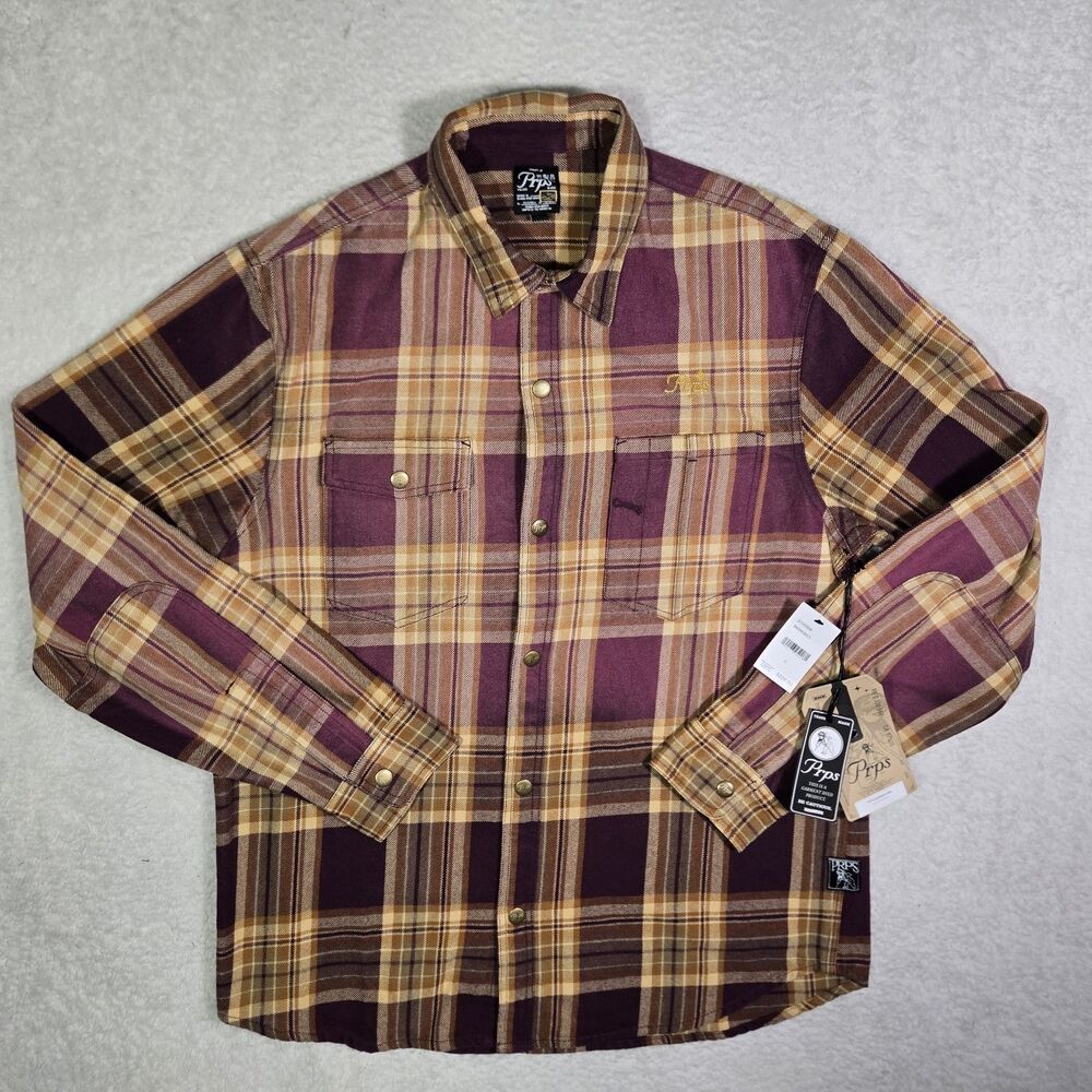$228 PRPS Japanese Mens Large Plaid‎ Multi Flannel Button Snap Shirt Pockets L